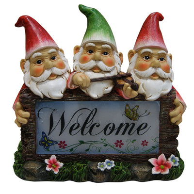 Solar Gnomes with Welcome Sign Garden Statue